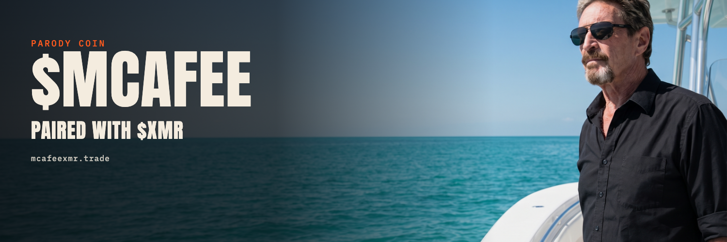 Dexscreener banner, $MCAFEE paired with $XMR, McAfee on a boat