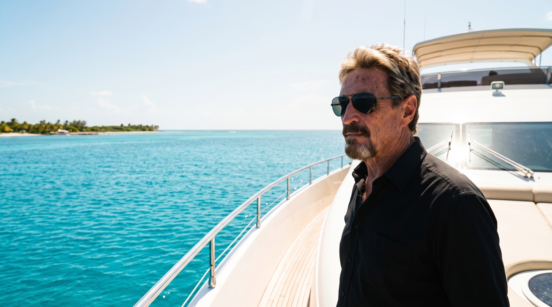 John McAfee in sunglasses on the bow of a white boat